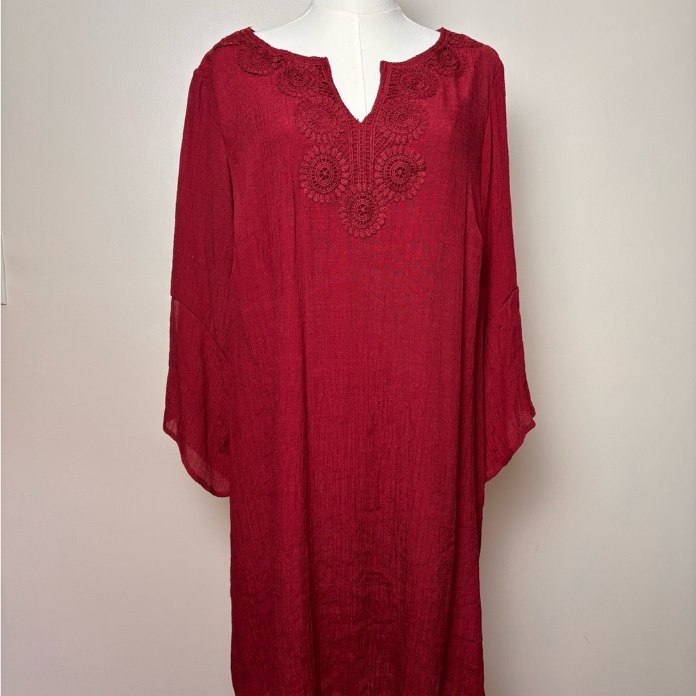 Indigo Rose Boho Tunic Dress Sheer Gauze Bell Sleeve Embroidered Neckline Sz 2XL